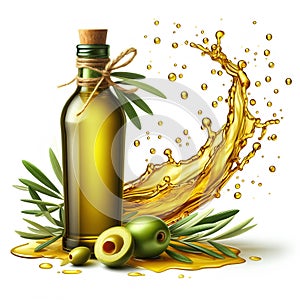 olive oil bottle with olive oil splash isolated on white background