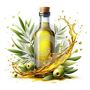 olive oil bottle with olive oil splash isolated on white background