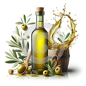 olive oil bottle with olive oil splash isolated on white background