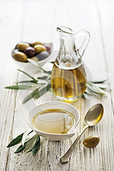 Olive oil in bottle with olives