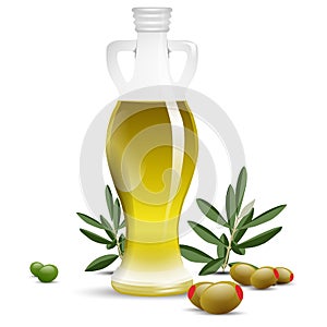 Olive oil bottle with olives and olive leafs
