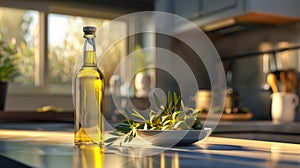 Olive oil bottle on sunny kitchen counter