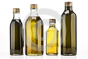 Olive oil bottles isolated on white background, clipping path included. Generative AI