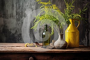 olive oil and branches composition on rustic table