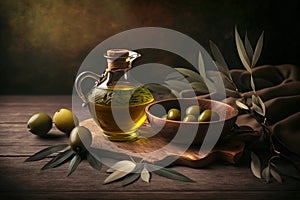 Olive oil in a carafe, still life concept with green olives, branch, leaves and oil in a glass bottle. Generative Ai