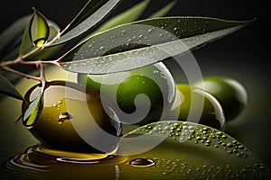 Olive oil concept with green olive made of oil hanging from a branch. Organic, extra virgin, cold pressed olive oil. Generative Ai