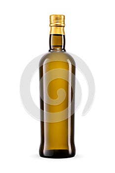 Olive oil dark green glass bottle sealed with a gold cap standing against a pure white