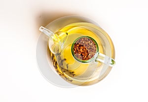 Olive oil decanter shoot from above