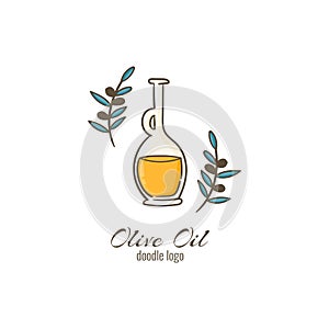 Olive oil doodle cartoon logo. Hand drawn bottle with olive oil and olive branches. Italian or Greece Mediterranean food