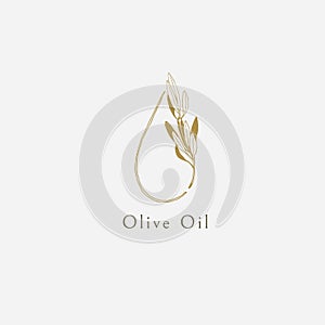 Olive Oil Drop Logo. Vector Symbol with Olive Branch and Shape of Oil Drop.
