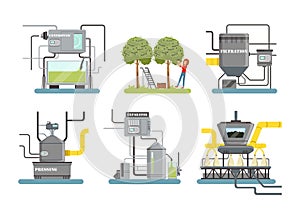 Olive oil factory production line. Stainless production industrial equipment set cartoon vector illustration