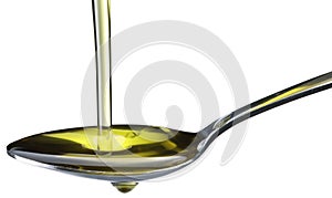 Olive oil flowing into the spoon.