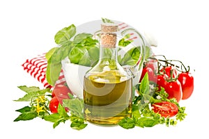Olive oil with fresh basil and tomatoes. food background