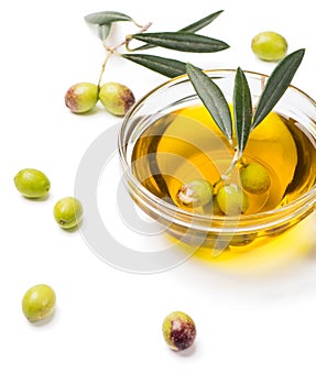 Olive oil and fresh olives.