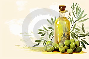 Olive oil in a glass bottle with a cork, olive tree branches and fruits of green olives