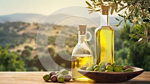 Olive oil in a glass bottle on a wooden table with olive trees under the morning sun. green olives. raw materials for