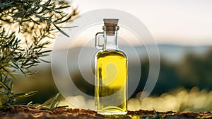 Olive oil in a glass bottle on a wooden table with olive trees under the morning sun. green olives. raw materials for