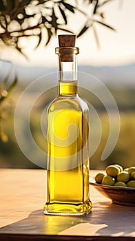 Olive oil in a glass bottle on a wooden table with olive trees under the morning sun. green olives. raw materials for