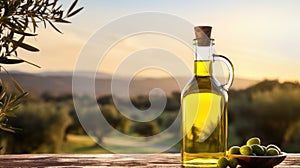 Olive oil in a glass bottle on a wooden table with olive trees under the morning sun. green olives. raw materials for