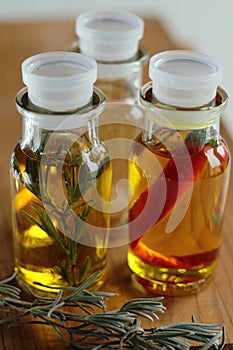 Olive oil in glass bottles