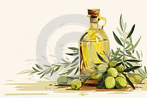 Olive oil in a glass jug with a cork, olive tree branches and fruits of green olives