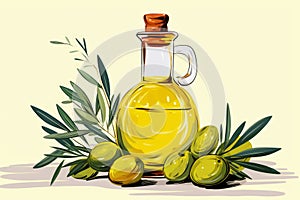 Olive oil in a glass jug with a cork, olive tree branches and fruits of green olives