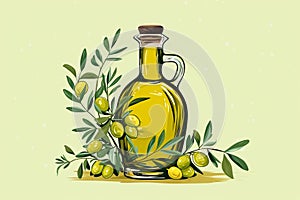 Olive oil in a glass jug with a cork, olive tree branches and fruits of green olives on a green background