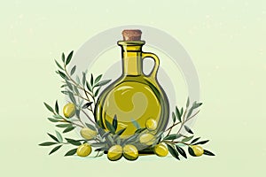 Olive oil in a glass jug with a cork, olive tree branches and fruits of green olives on a green background