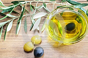 Olive oil in glass transparent bowl, black and green olives and olive tree branches in sunlight on the wooden background