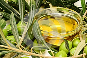 Olive oil. Glass transparent bowl with greek olive oil among olive leaves and olives. Close-up macro, high resolution