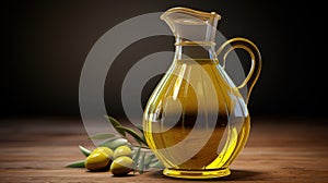 Olive oil of golden color in a transparent jug. Olives in a glass vase