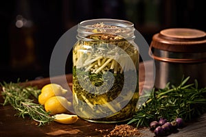 olive oil with herbs and spices infusing in a jar