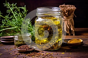 olive oil with herbs and spices infusing in a jar