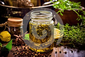 olive oil with herbs and spices infusing in a jar