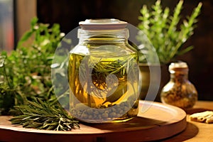 olive oil with herbs and spices infusing in a jar