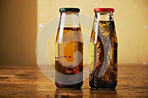 Olive oil with herbs on a wooden table