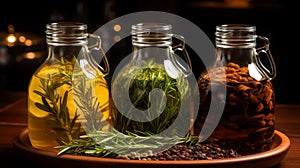 Olive Oil Infused with Herbs and Spices Bottles.Generative ai