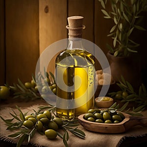 Olive oil and olive berries are on the wooden table under the olive tree