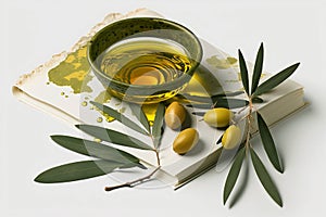 Olive oil and olive branch concept. Fresh green olives, branchlet with leaves and shiny olive oil. Generative Ai