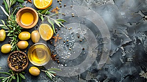 Olive oil and olives on stone table background top view.