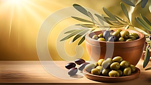 Olive oil and olives on a wooden table with copy space.Generative AI