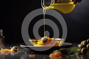 Olive oil poured food. Generate Ai