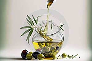 Olive oil pouring from a bottle into a glass bowl filled with olives and a branch