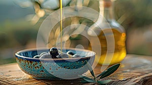 Olive oil pouring into a bowl of black olives with a blurred background.