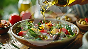 Olive oil salad, A bottle with olive oil pouring into salad, Pouring olive oil from bottle into plate with salad