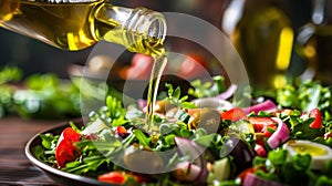 Olive oil salad, A bottle with olive oil pouring into salad, Pouring olive oil from bottle into plate with salad