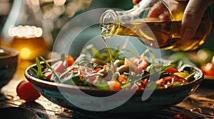 Olive oil salad, A bottle with olive oil pouring into salad, Pouring olive oil from bottle into plate with salad