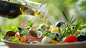 Olive oil salad, A bottle with olive oil pouring into salad, Pouring olive oil from bottle into plate with salad