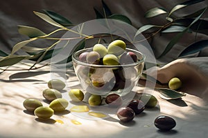 Olive oil in small glass bowl with olives and branch of olive tree with soft shadow.