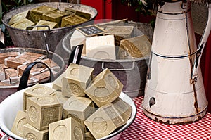 Olive oil soap on decorated market stall france
